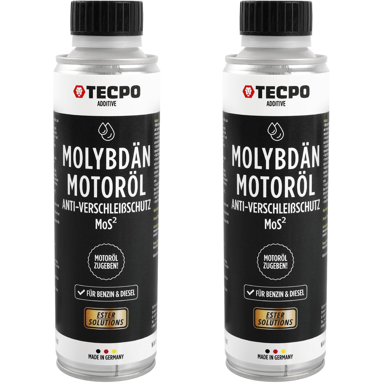 TECPO 2x Molybdän Additiv, 300ml Anti Reibung Verschleiß MoS² für Motoröl Getriebeöl