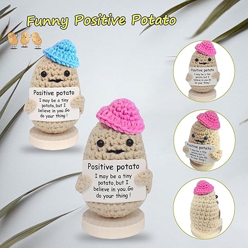 Miniatura 2 de Patata positiva de apoyo emocional hecha a mano, 2 unidades, lindas muñecas de patata positiva de ganchillo con tarjeta positiva y base de madera,