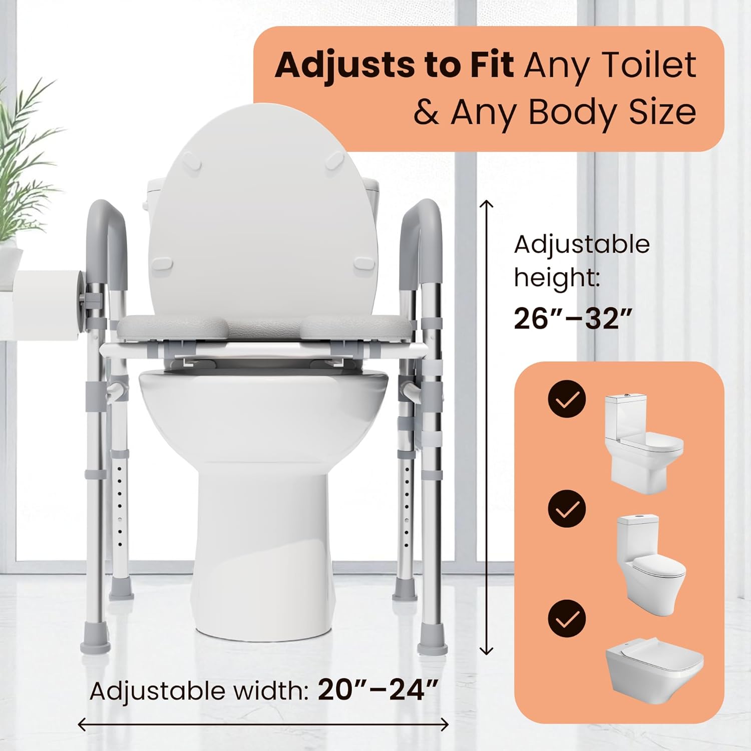 Raised Toilet Seat with Handles – Toilet Riser for Seniors – Adjustable Height & Width Commode Chair with Bowl – 500 lbs Handicap Elevated Seat for Elderly, Pregnant – Fits Any Toilet