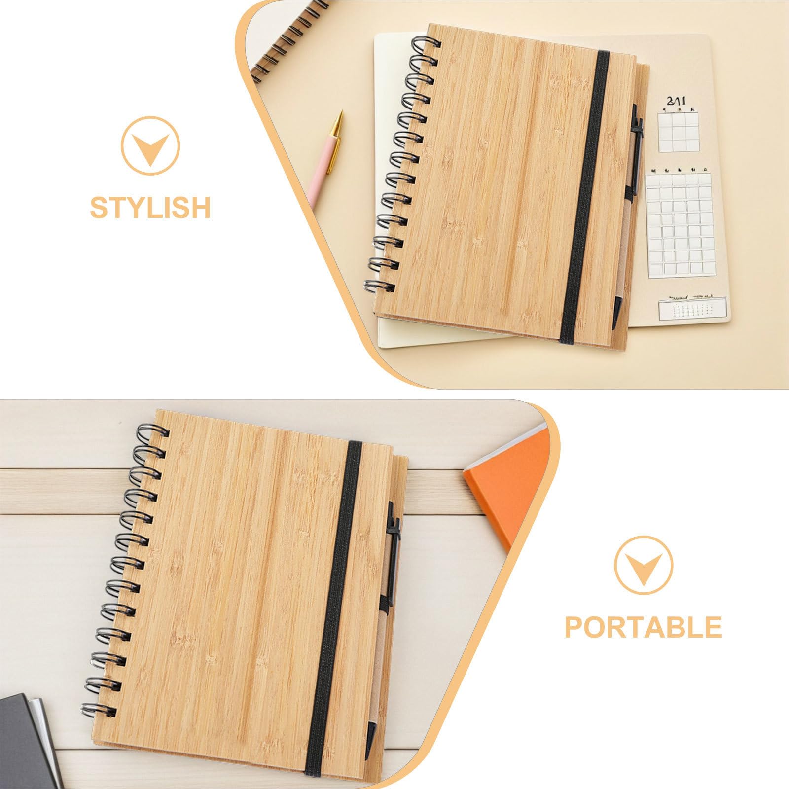 Quaderno a Spirale in Bamboo con Pagine a Righe 70 Fogli 3 Pezzi con Penne, Portapenne Integrato, Copertina Ecologica per Ufficio, Scuola e Appunti