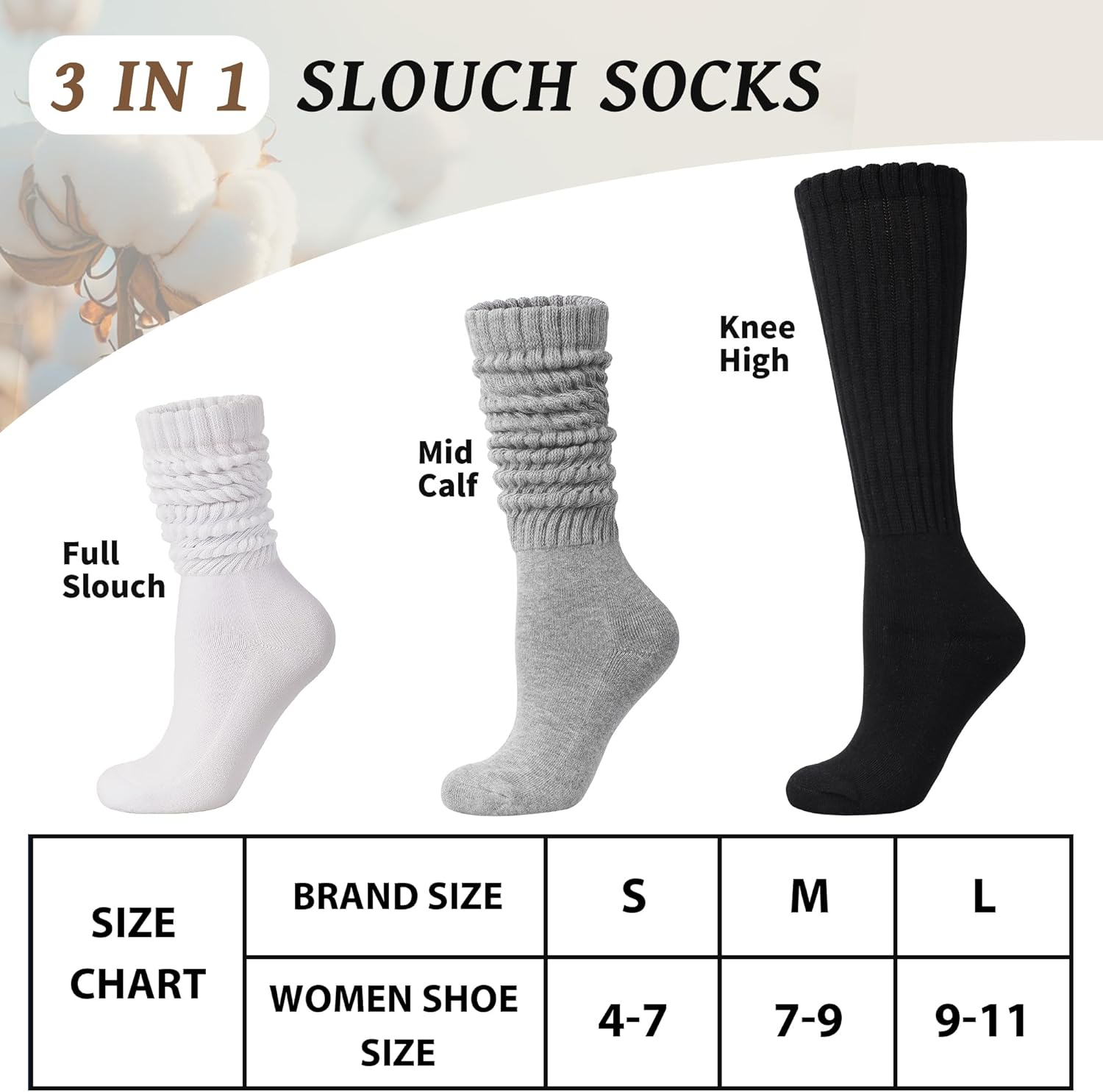 Women's Slouch Socks Long Boot Scrunch Sock Soft Cotton Knit Cozy Socks 3 Pairs - Image 5
