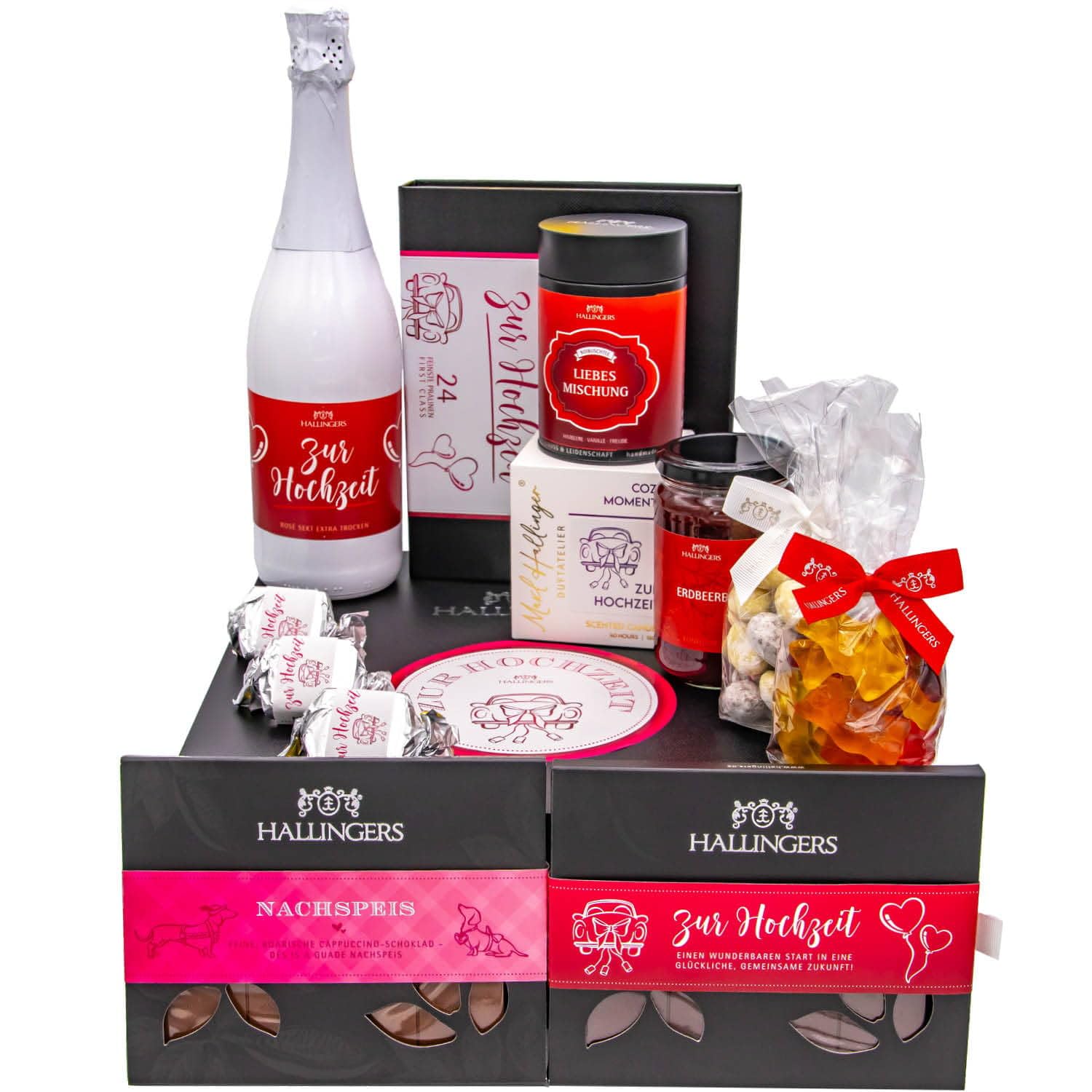 Hallingers Genuss Manufaktur Feinkost Liebes-Geschenk-Set - XXL-Geschenkkorb "Zur Hochzeit" großer Hochzeitsgruß Sekt, Nougat, Konfitüre, Tee, Duftkerze, Schoki & mehr, Geschenkidee für Brautpaar