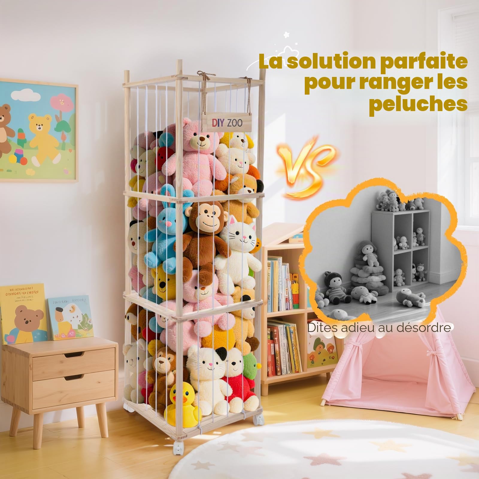 Conteneur pour animaux en peluche, 138 x 41 x 41 cm pour jouets souples en bois massif avec roues pivotantes verrouillables à 360 °, boîte pour jouets en peluche pour chambres, séjour