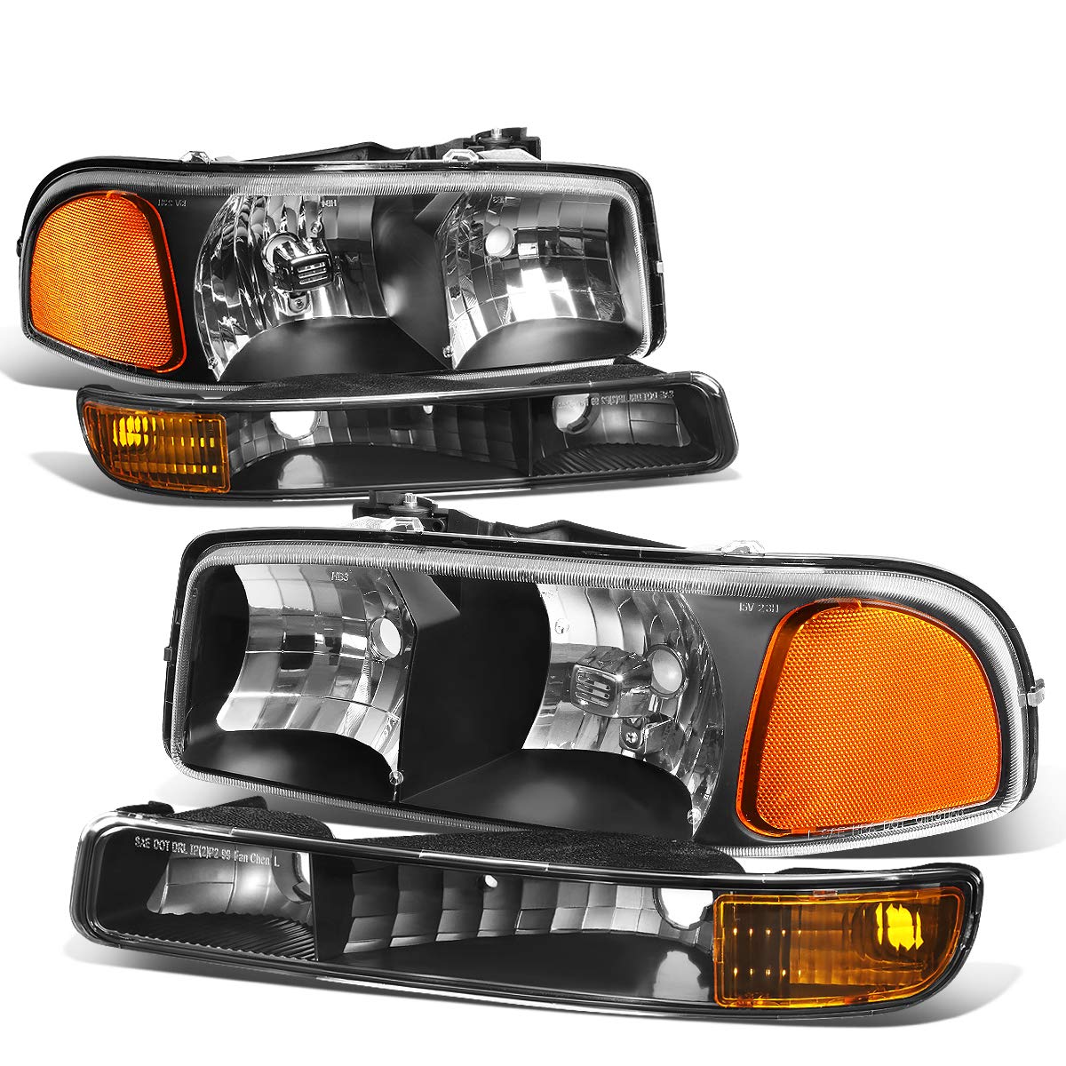 Auto Dynasty 4PCS Factory Style Headlights Assembly and Bumper Lamps Compatible with GMC Sierra Yukon 1500 2500 3500 GMT800 99-07, Driver and Passenger Side, Black Housing Amber Corner