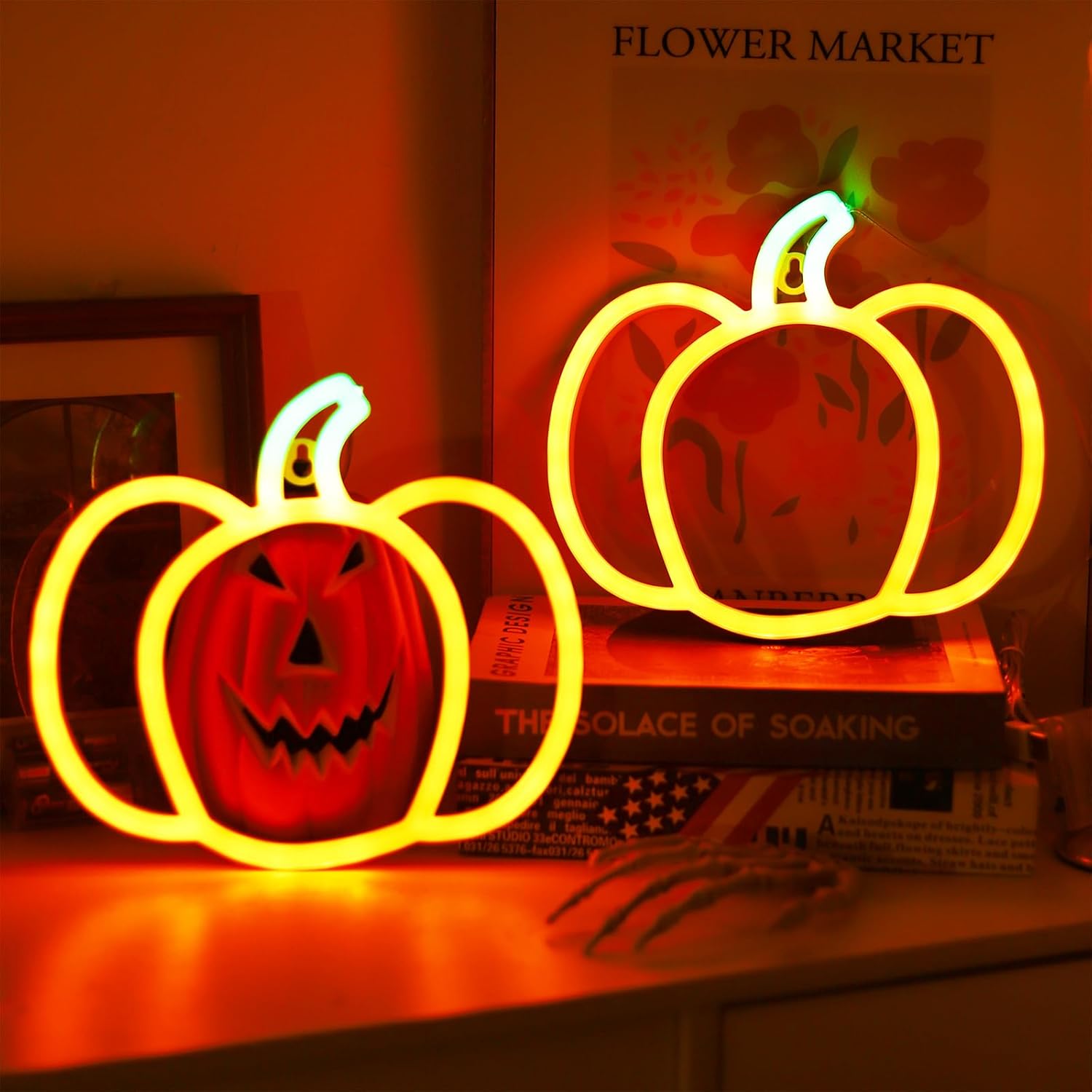YAOZHOU Halloween Decorations Pumpkin Neon Sign Lights, 2Pack Cute Orange and Green Thanksgiving Lights for Home,Indoor Battery Operated or USB, Fall Decor for Room, Wall, Kitchen, Mental, Bedroom - Image 4