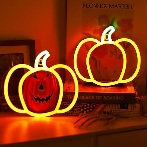 Miniatura 4 de Luces de neón de calabaza para decoración de Halloween, paquete de 2 lindas luces de Acción de Gracias naranja y verde para el hogar, funciona con