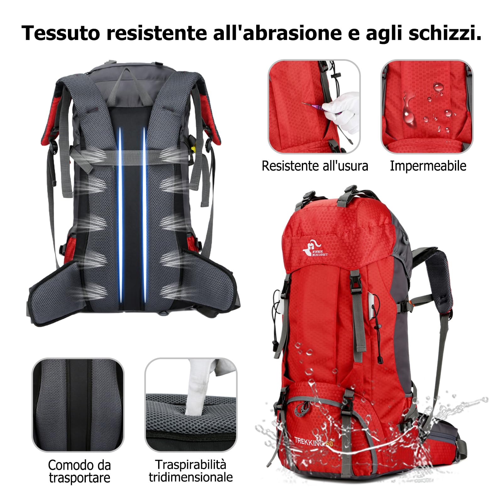 60L Zaino da Trekking Zaino Grande Impermeabile Zaini con Copertura per la Pioggia Donna Uomo Backpack per Escursionismo Campeggio Arrampicata Viaggio Turchese