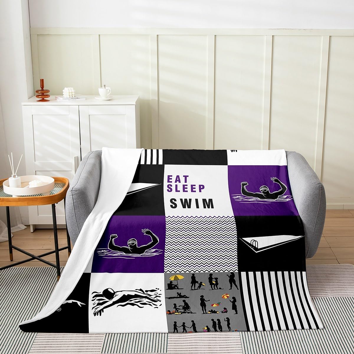 Erosebridal Kids Swimmer Throw Blanket Queen 90x90 inch,Water Sports Theme Fleece Blanket for Boys Girls Teens,Swimming Patchwork Flannel Blanket,Swim Lover Bed Blanket Lightweight Warm,Purple Black