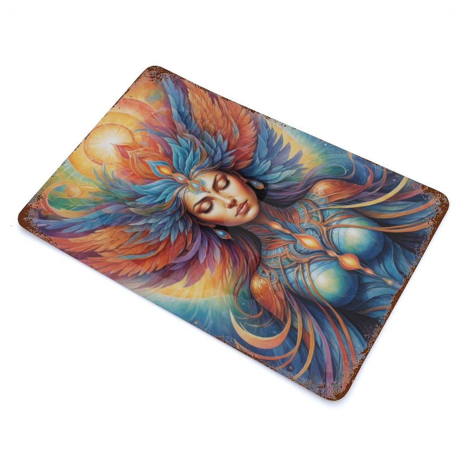 Mystical Woman with Wings 11.8"x7.9" Vintage Rust Metal Sign, Shabby Chic Decor for Garage, Bar And Workshop Decor