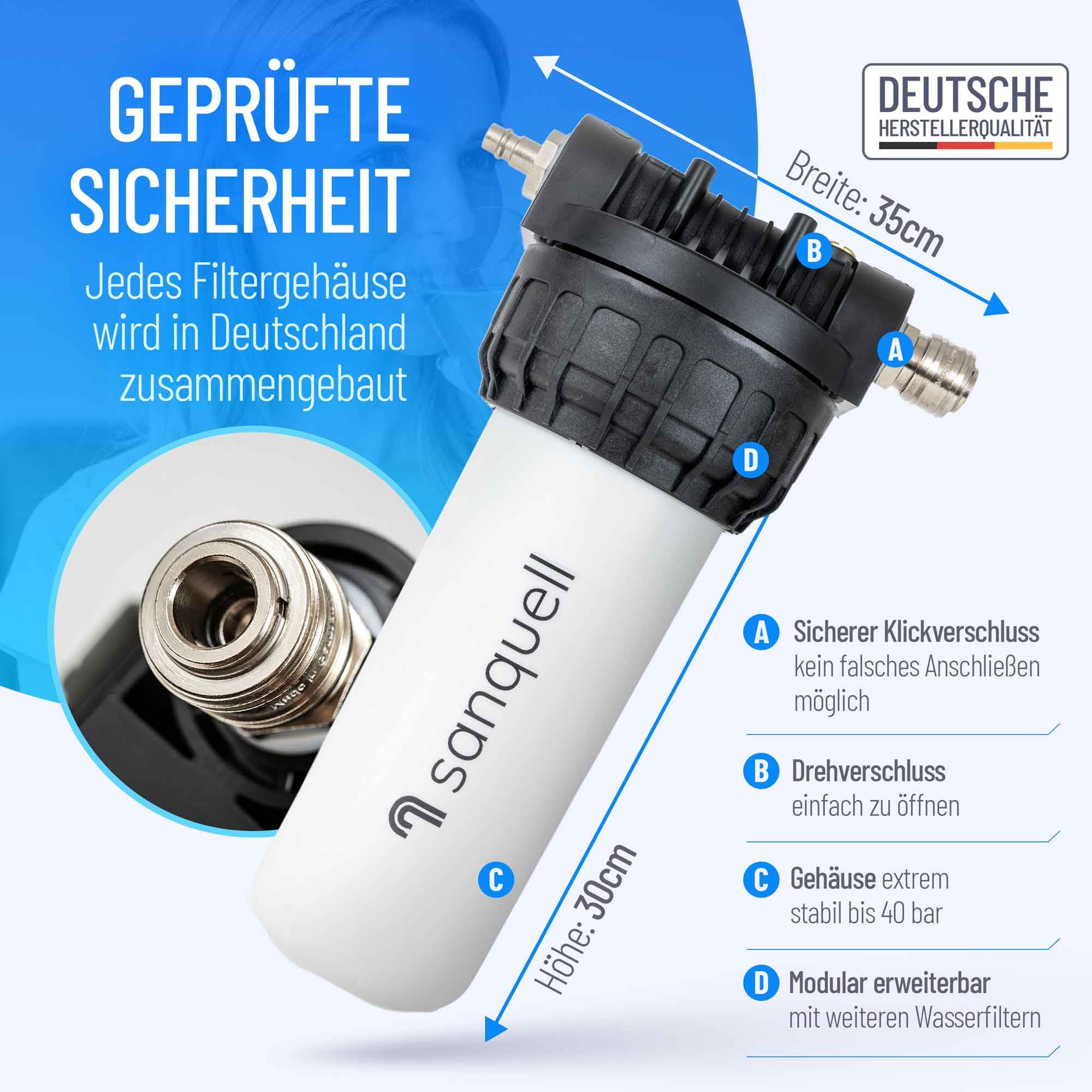 Premium Untertisch Wasserfilter, 8 Liter/Minute, entfernt 100 Schadstoffe, hohe Kapazität, kein separater Wasserhahn nötig, nachhaltiges Design, Made in Germany