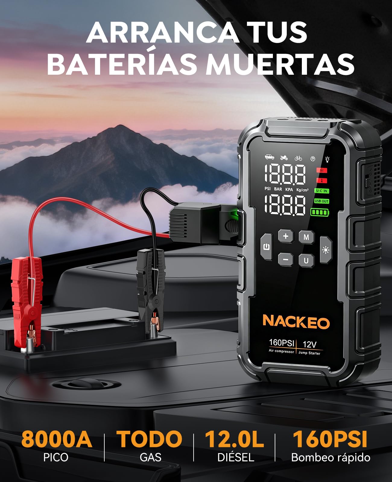 Arrancador de Baterias de Coche 8000A con Compresor, 160PSI Inflador de Neumáticos, Arrancador de Coches 12V (Gasolina y Diésel 12L), Jump Starter con Luz LED 600LM, Cables de Arranque, Pantalla LCD