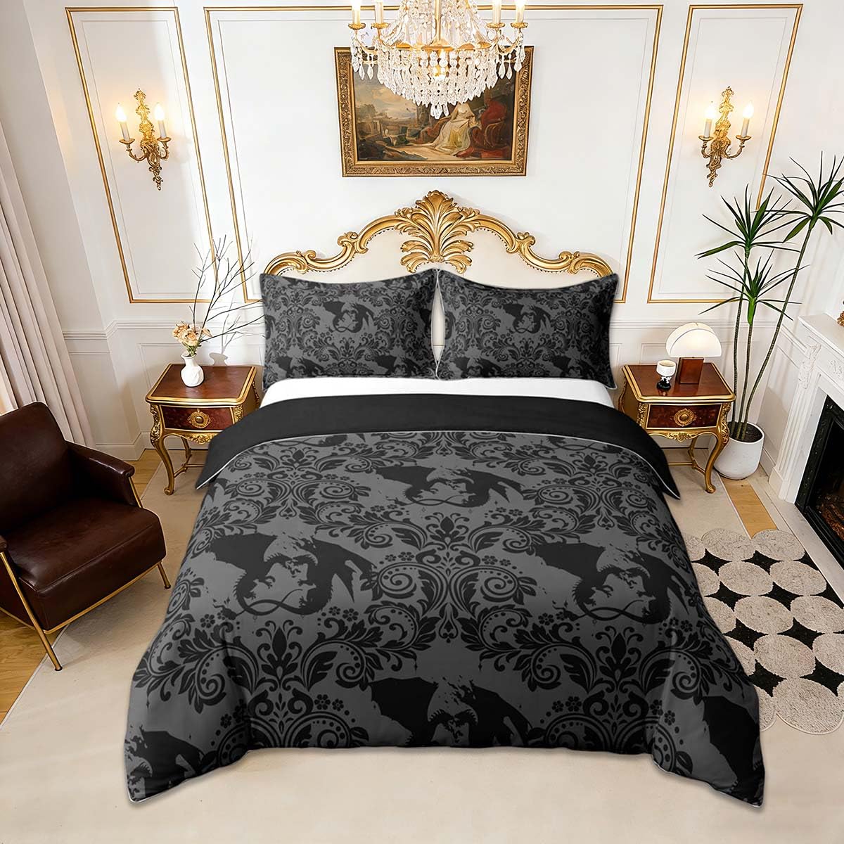 Homemissing Adults Gothic Duvet Cover King Size Boys Girls Dark Olive Green Damask Print Bedding Set Breathable Soft Dragon Comforter Cover 3Pcs Bedroom Decor โ image 1