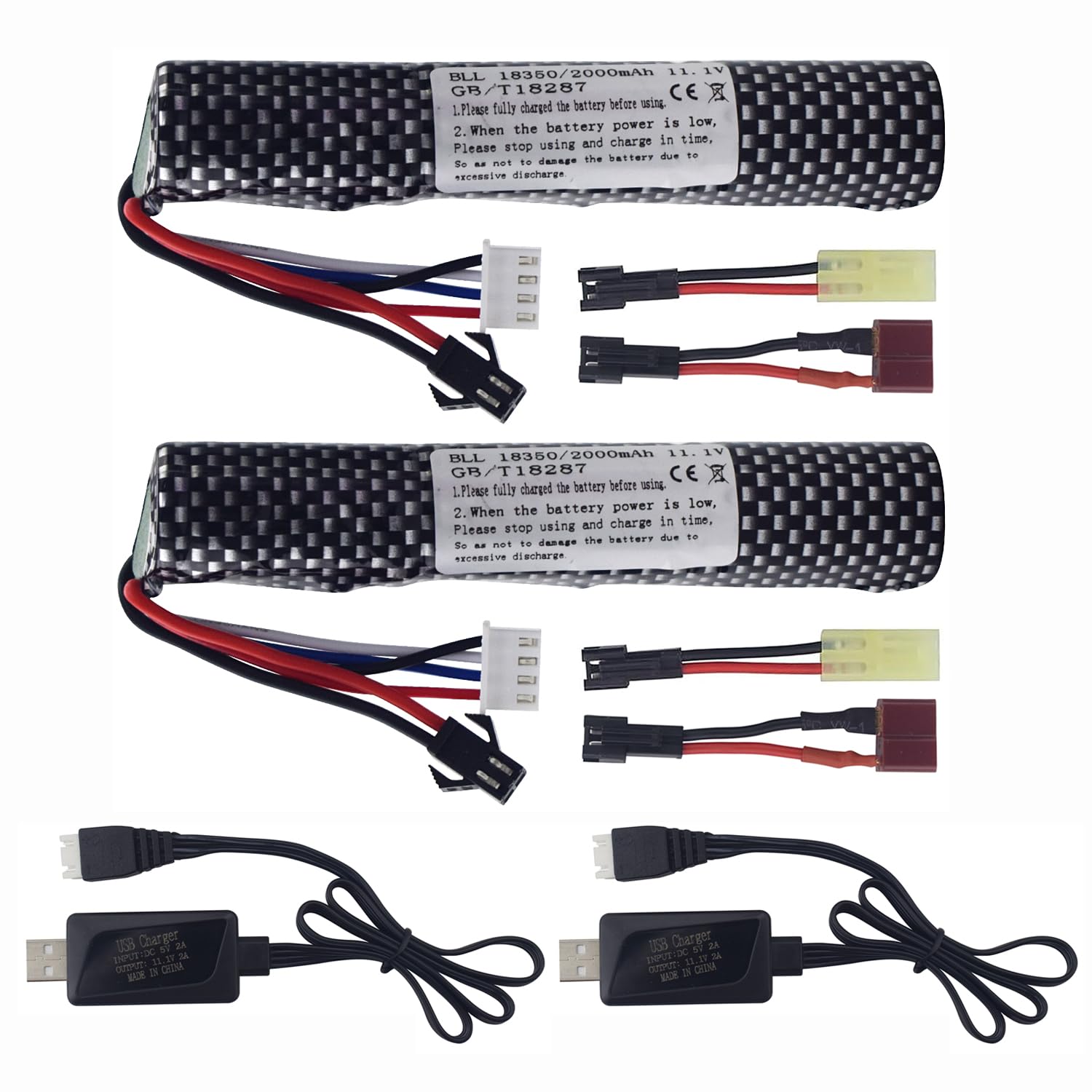 PUOO 2PCS 3S 11.1V 2000mAh Li-ion Battery with SM-2P Plug Connector Whith Adapter and USB Charging Cable, Suitable for Airsoft Gel Water Droplet Blaster Air Gun Gel Ball Shock Wave Spare Battery