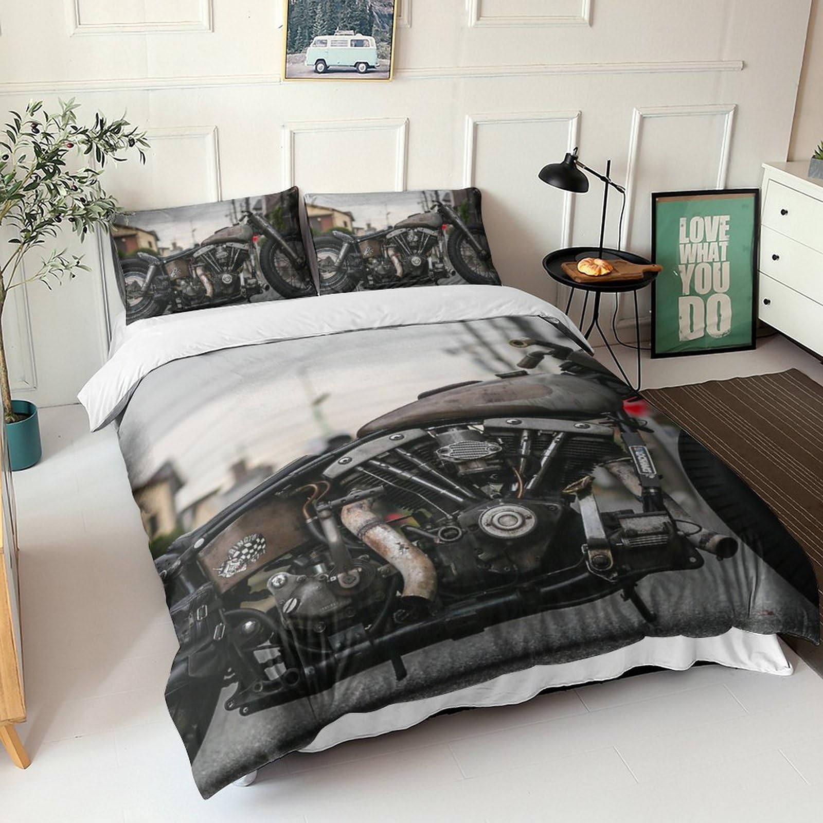 Ensemble de literie vintage motorbikes pour chambre d'ado et déco industrielle industrielle