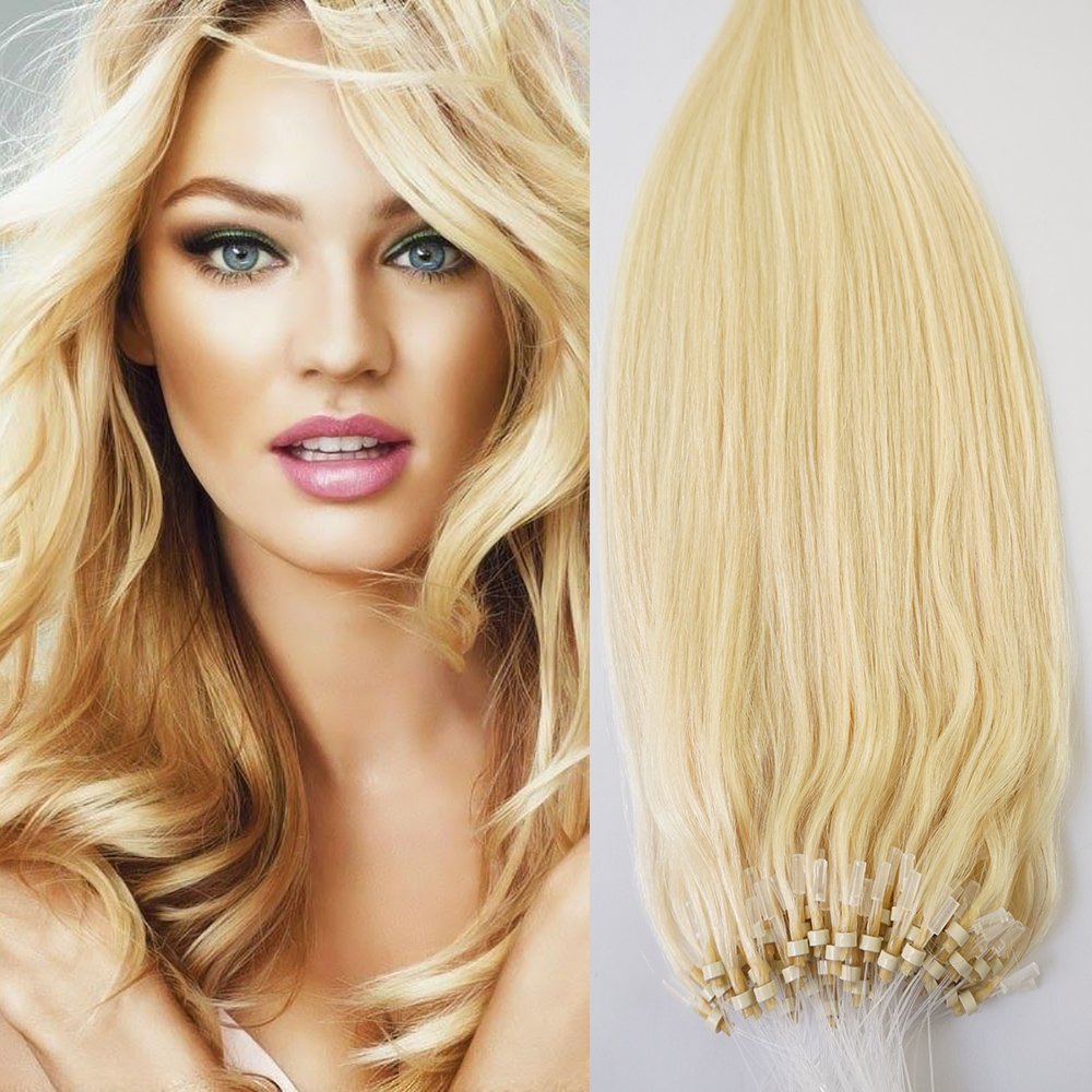 26" 50g 100s Micro Ring Loop 100% Human Hair Extensions Natural Soft Real Beauty Straight Hair Gift 100strands in one pack, (color #60 Platinum Blonde/ White Blonde)
