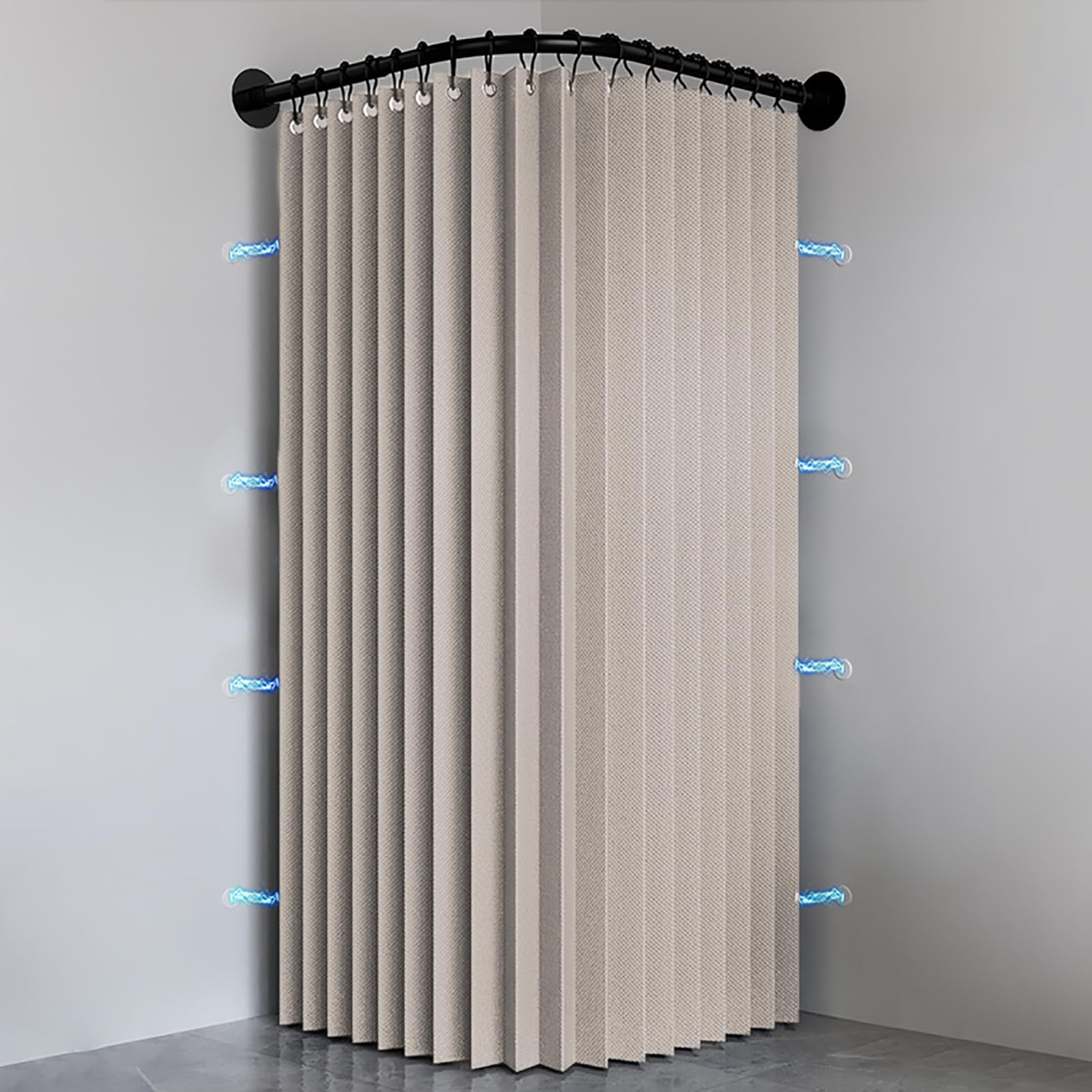 Tenda Doccia Pieghevole, Beige, 200x200cm | Impermeabile con ganci, tenda doccia angolare in tessuto lavabile, magnetica per bagno, 150g/m²