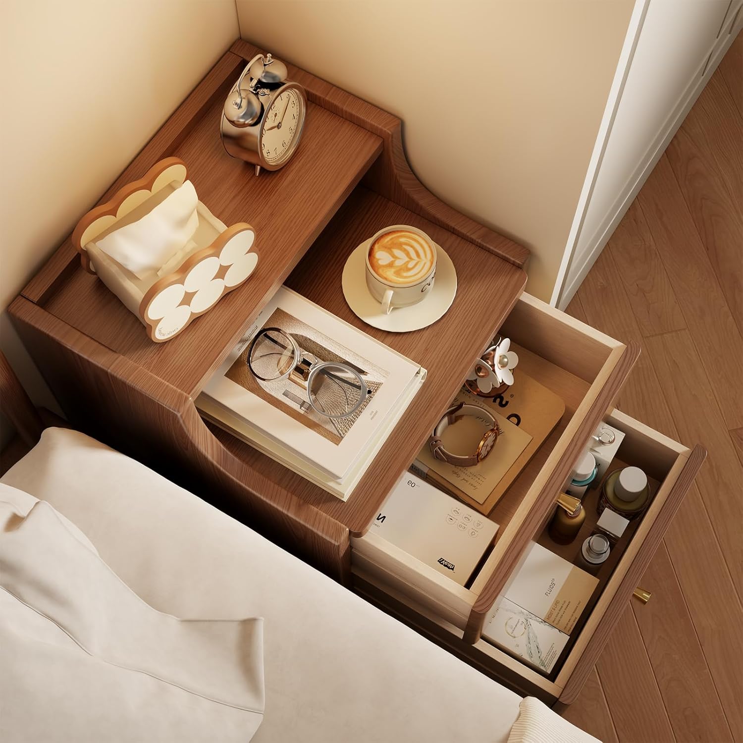 Narrow Nightstand with 2 Drawers,Walnut Nightstand,Bedside Table,Solid Wood Modern Bedside Table for Bedroom,Study,Toilet