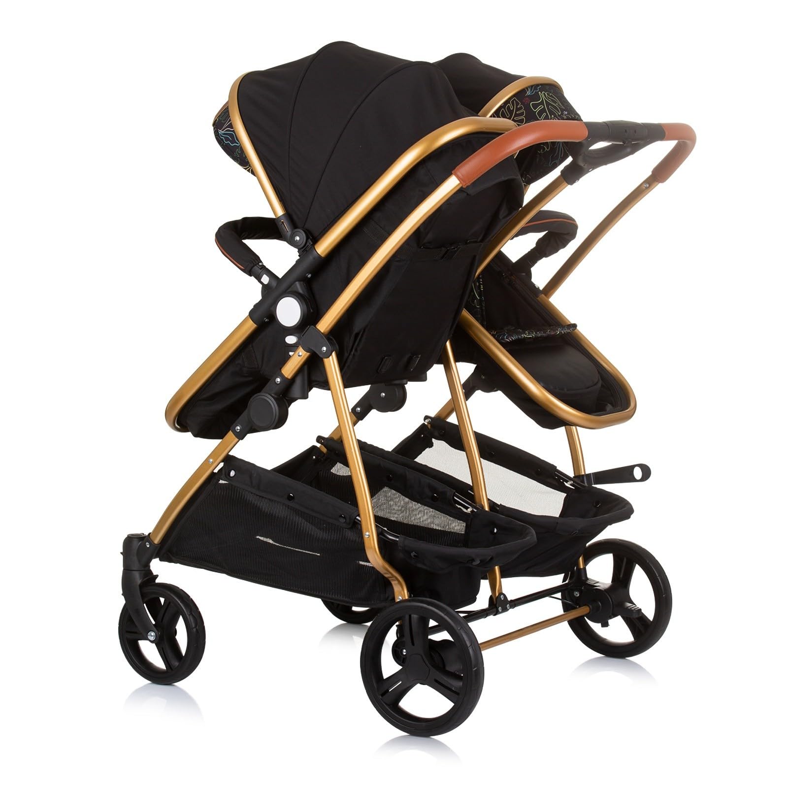DUO SMART Poussette jumeaux ou enfants rapprochés largeur 79 cm Noir/Feuilles + 2 cosy noir/feuilles