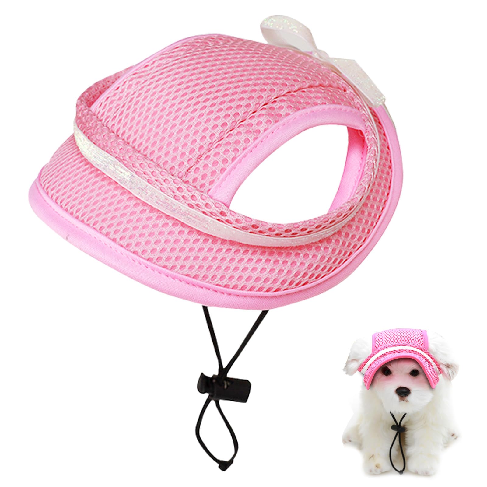 Poeruse Dog Sun Hat with Ear Holes Puppy Summer Baseball Hat with Bow Adjustable Breathable Visor Cap Pupies Dogs Cats Outdoor Sport (Pink