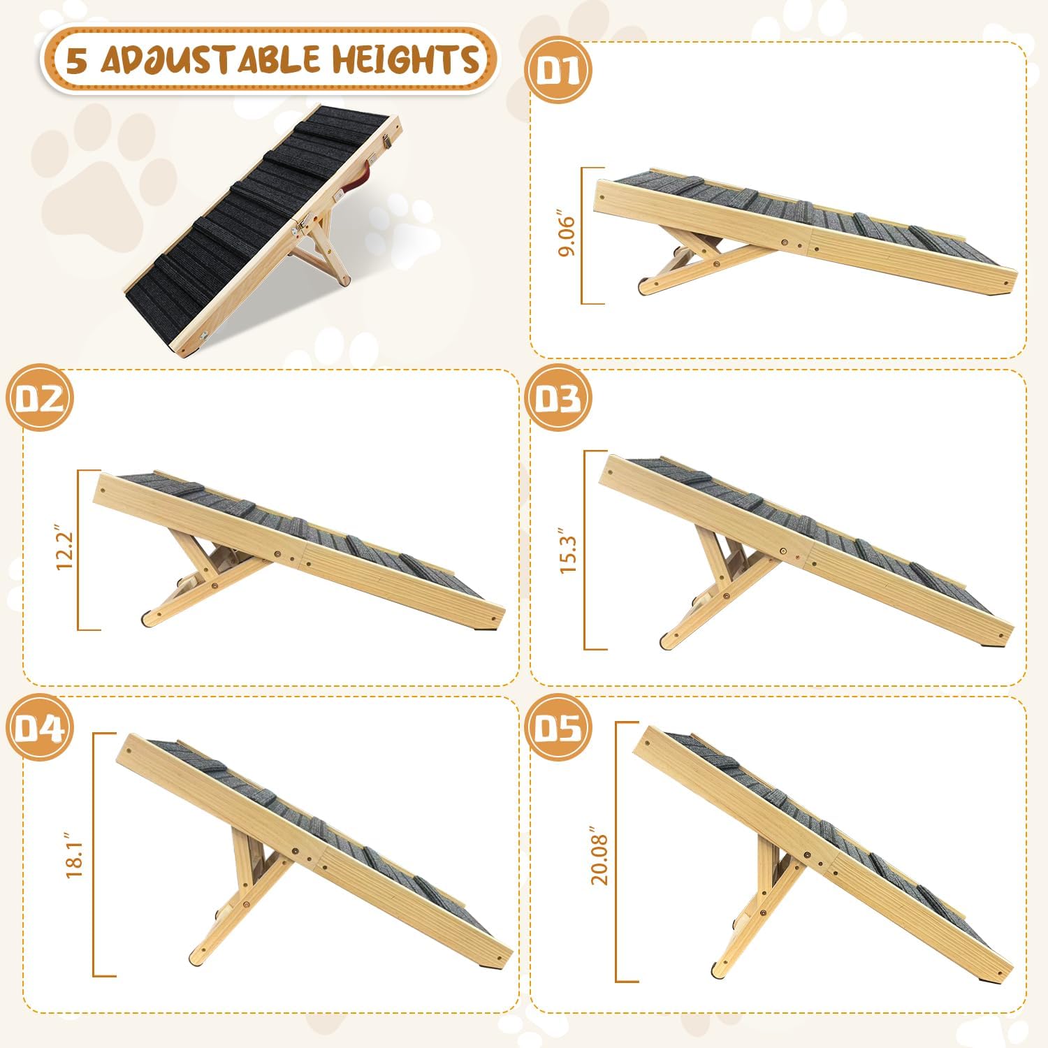 Dog Pet Ramp for Bed Couch Car 5 Adjustable Height Pet Step with Non-Slip Mat 9.06" to 20.1" Foldable Dog Steps for Small Medium Old Dogs Cats