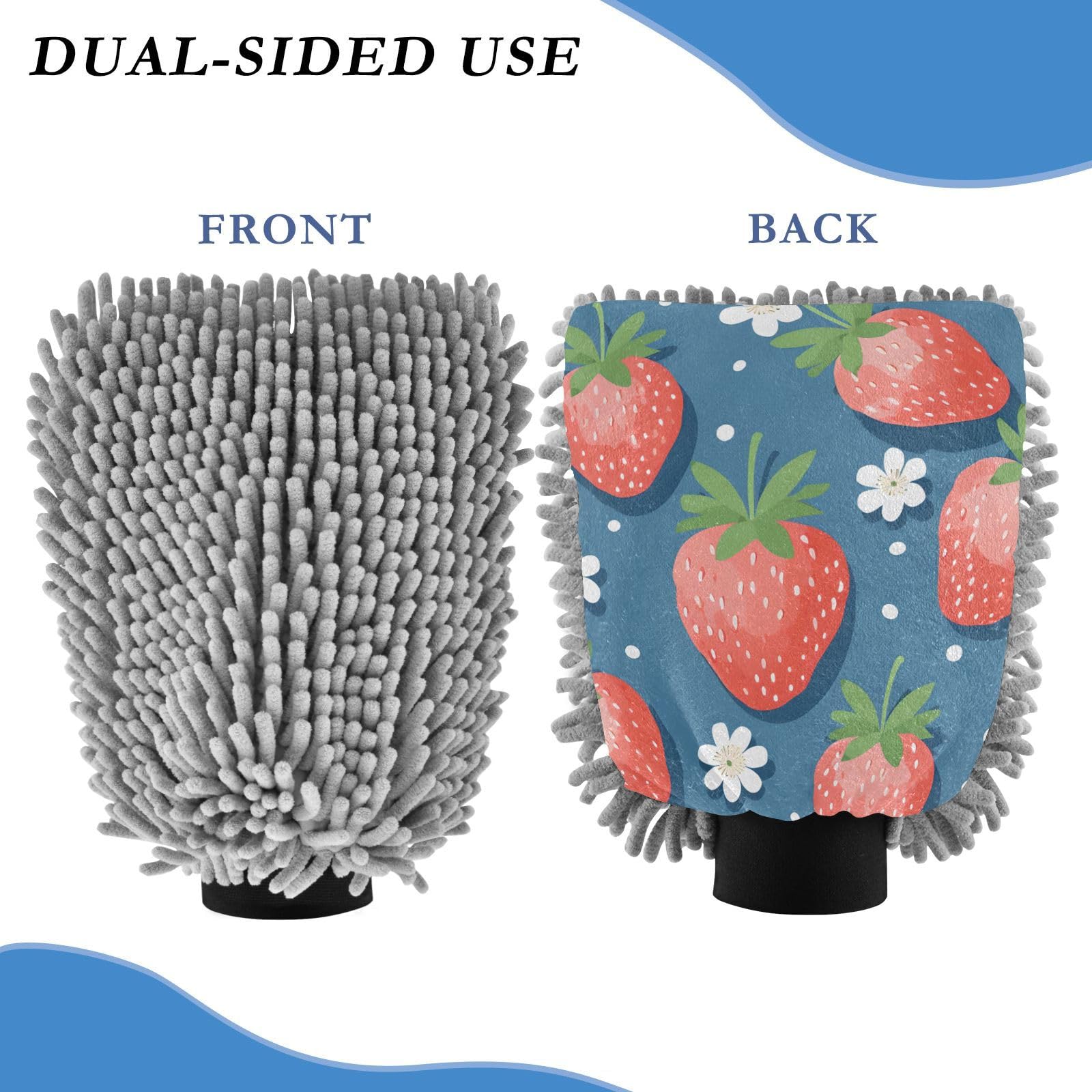 IOACIY Absorbent Microfiber Car Wash Drying Mitts, 2 Pack, Scratch-Free & Lint-Free, Rich Foam, Highly Absorbent, Double Sided, Wash Mitt Perfect for Car Washing, M, Cute Strawberry (3)