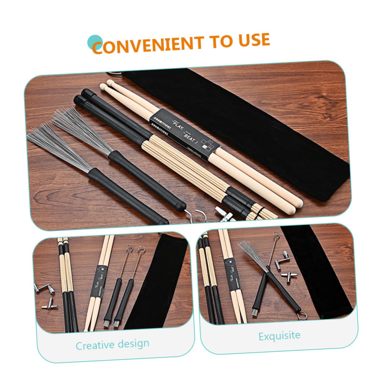 GOOHOCHY 1 Set Drum Kit Accessories with Tuning Key Craft Drum Stick and Cleaning Brush present for Drummers Convenient Storage Pouch Included