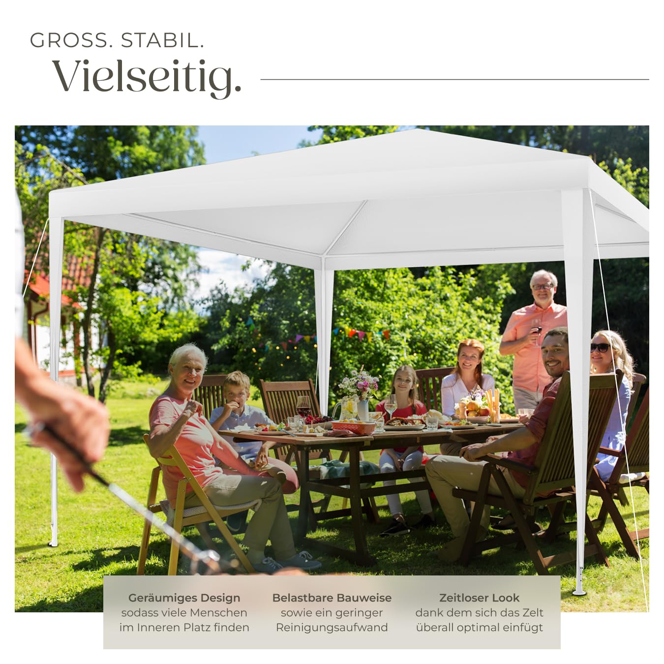 tectake® Pavillon 3x3 m mit verstärktem Gestell, Zelt groß, wasserdicht, Gartenpavillon, Partyzelt, Event Shelter, Festzelt, Gartenpavillon 3x3 m mit 3 Seitenwänden mit Fenstern, inkl. Heringe