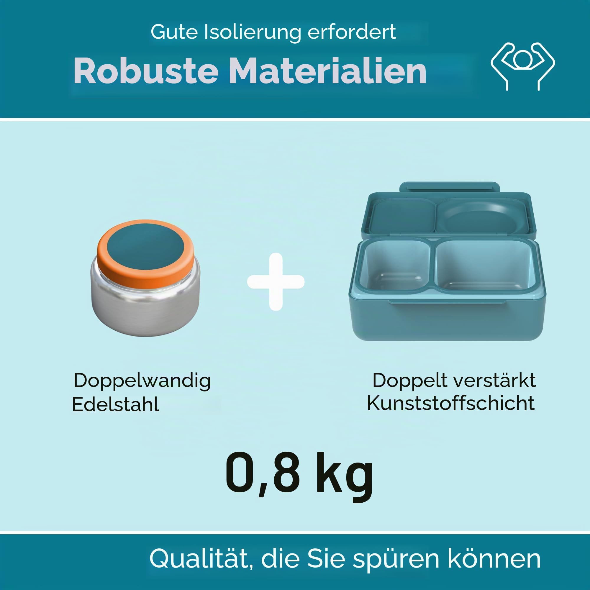 Omie Box Up Bento-Box für Kinder, isolierte Lunchbox, auslaufsichere Thermosdose, Kühler Eisbeutel, 2 Fächer, Blaugrün
