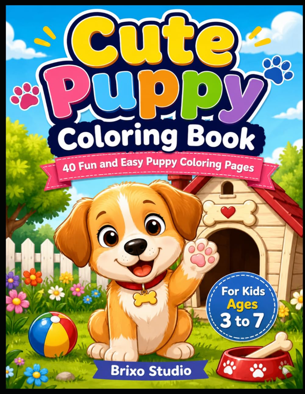 Cute Puppy Coloring Book: 40 Fun and Easy Puppy Coloring Pages for Kids Ages 3 to 7