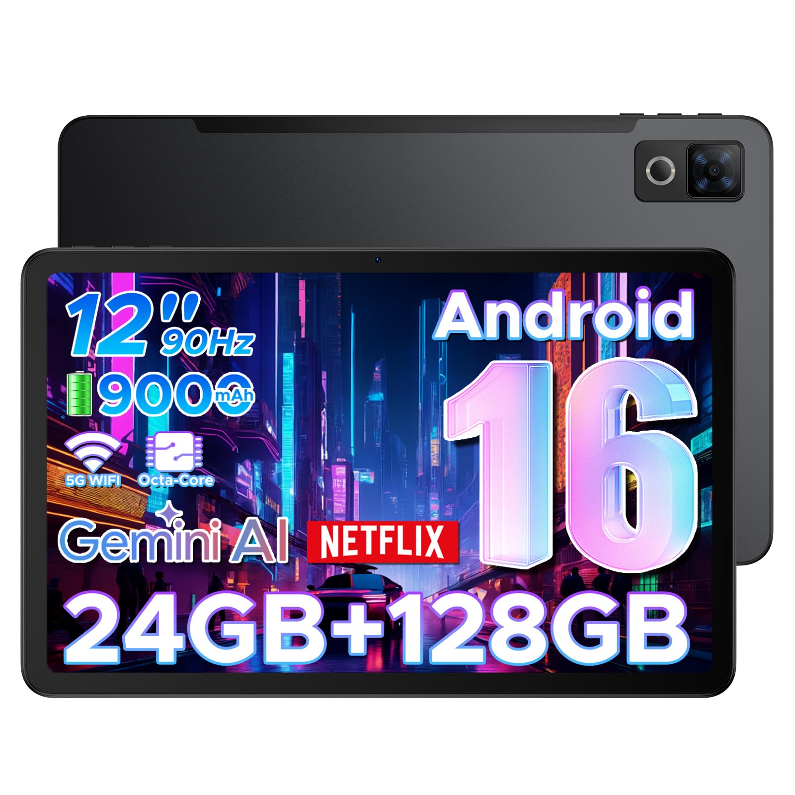 DOOGEE U12 Tablet 12 Pollici, Tablets Android 16, 90Hz 2000*1200 24GB RAM+128GB ROM/TF 2TB, Octa-Core PC, 5G WiFi/9000mAh/Gemini AI/Widevine L1/13MP+8MP/OTG/BT5/FACE ID/Doppi altoparlanti/3.5mm Jack