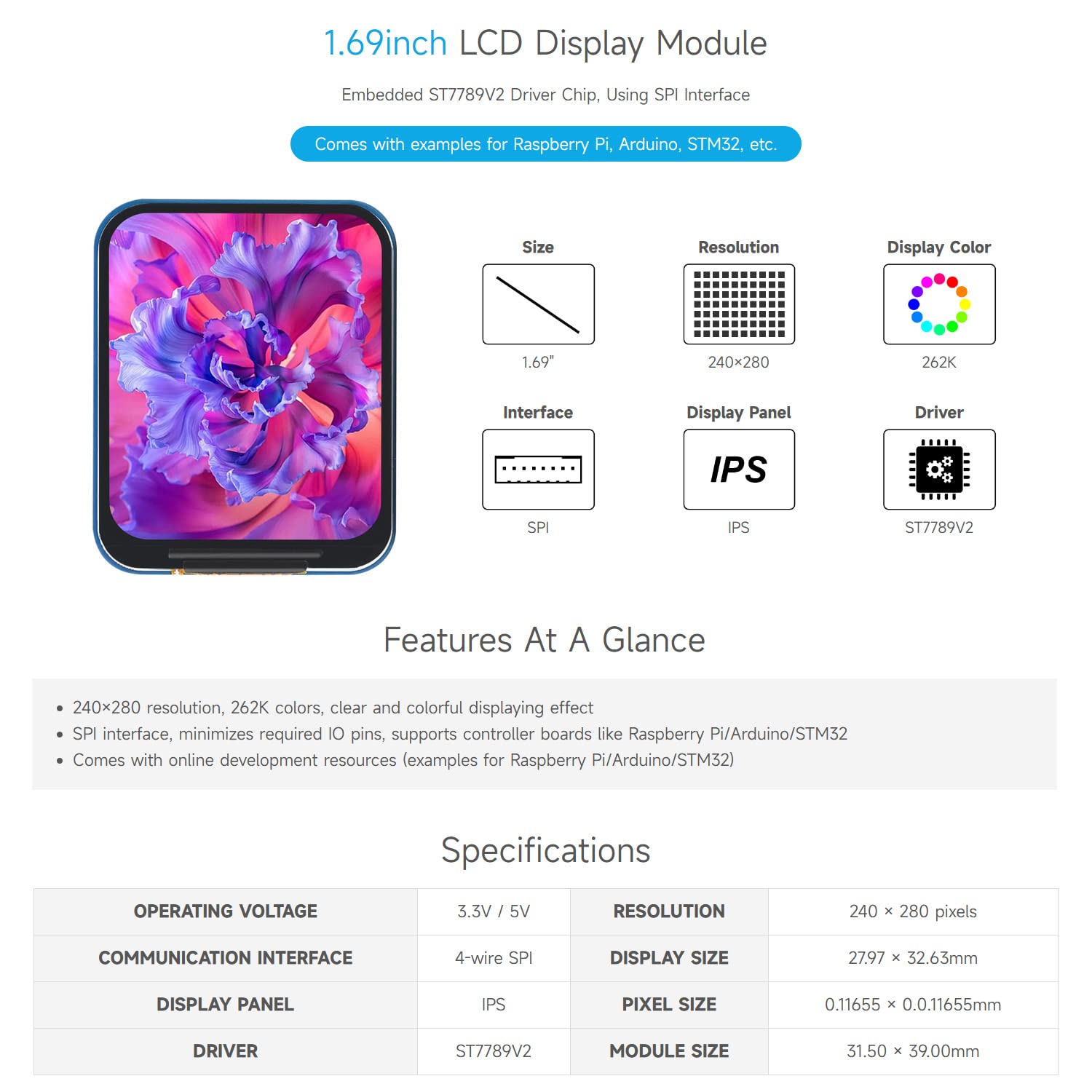 Waveshare 1.69inch LCD Display Module, Compatible with Raspberry Pi,240×280 Resolution, SPI Interface, IPS, 262K Colors
