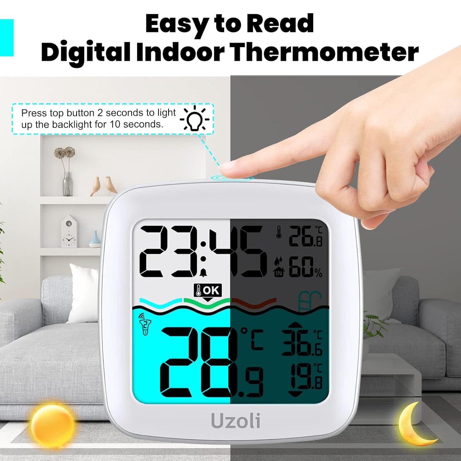 Uzoli Pool Thermometer Floating Easy Read, Wireless Swimming Pool Thermometer with Indoor Humidity Temperature Monitor, Waterproof Digital Sensor for Fish Tank, Hot Tub, Spa