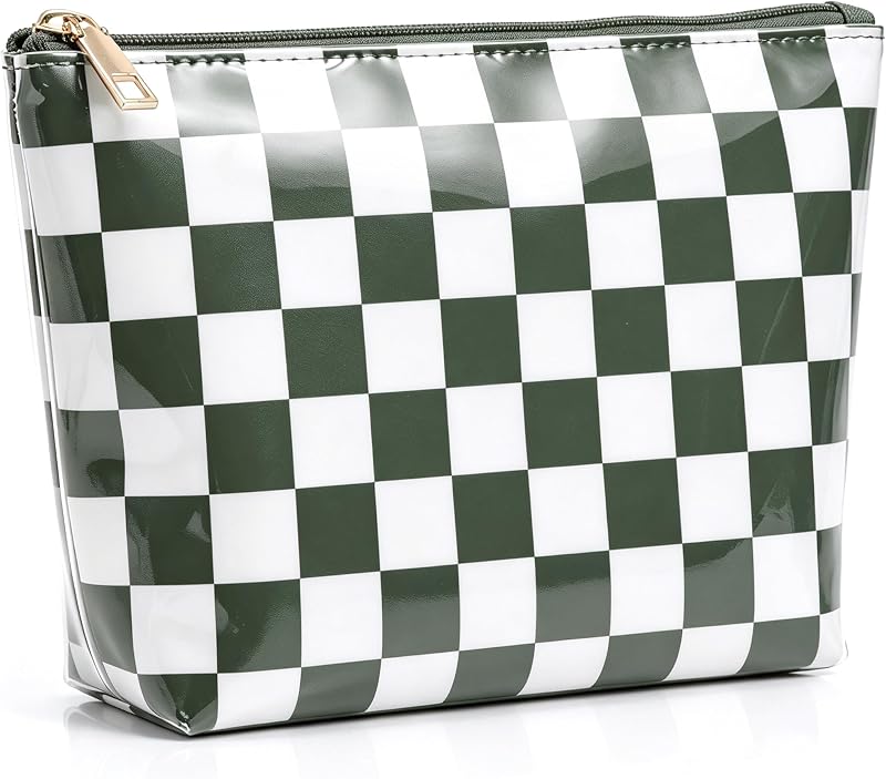 Necessaire transparente LETGO com zíper, padrão xadrez verde e branco, PVC, para viagem