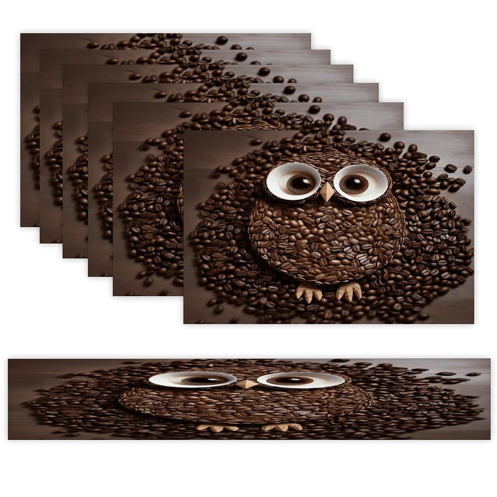 Coffee Bean Owl Table Runner and Placemats of 6 Washable Heat Resistant Place Mats with Table Runner Vintage Holiday Table Mat Set for Holiday Party Kitchen Dining Deco