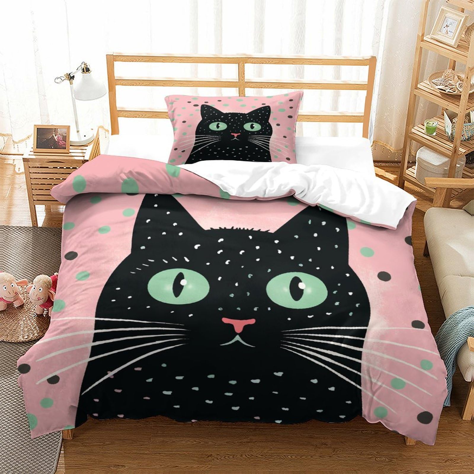 P1S9U7W5Y Adorable Black Cat 3D Printed Duvet Cover Set 3pcs Microfiber Cat Bedding Set Single
