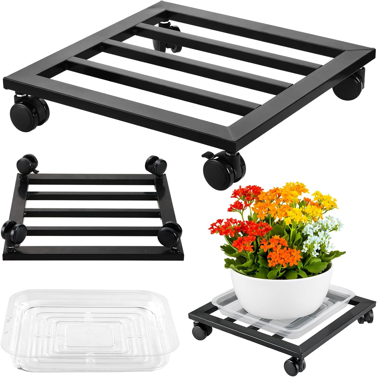 1 Packs 12 inches Large Metal Plant Caddy with PU Wheels Square Planter Dolly Pot Mover Rollers Wrought Iron Rolling Plant Stands Indoor Outdoor Plant Holder Coaster Trolley, Black