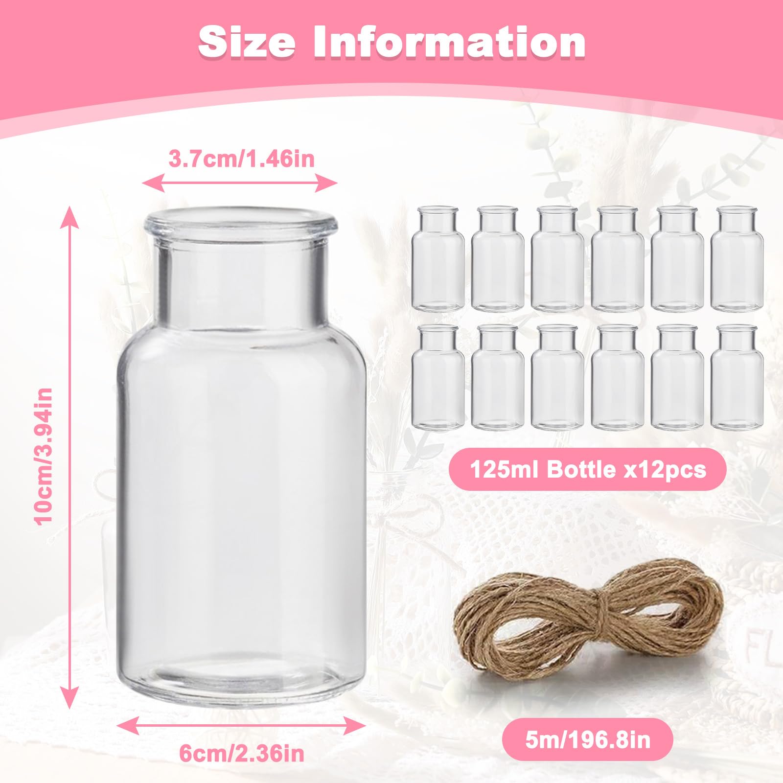 12 Piezas Jarrones Cristal 125ml con Cuerda Yute 5M, Botellas para Flores Pequeñas Transparentes, Jarrón Decoración Mesa Mini, Floreros Decorativos Modernos para Hogar, Boda, Jardín, Cumpleaños Fiesta