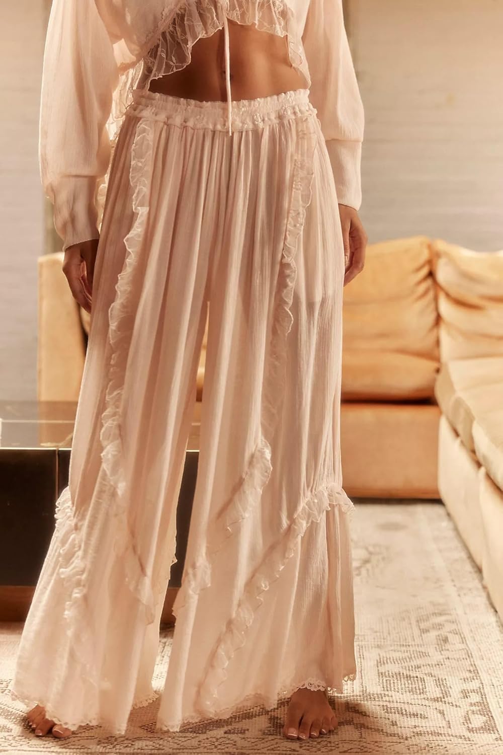 Womens Sexy Pajama Set Lace 2 Piece Lounge Sets Long Sleeve Shirts Wide Leg Pants Vintage Pj Sets - Image 5