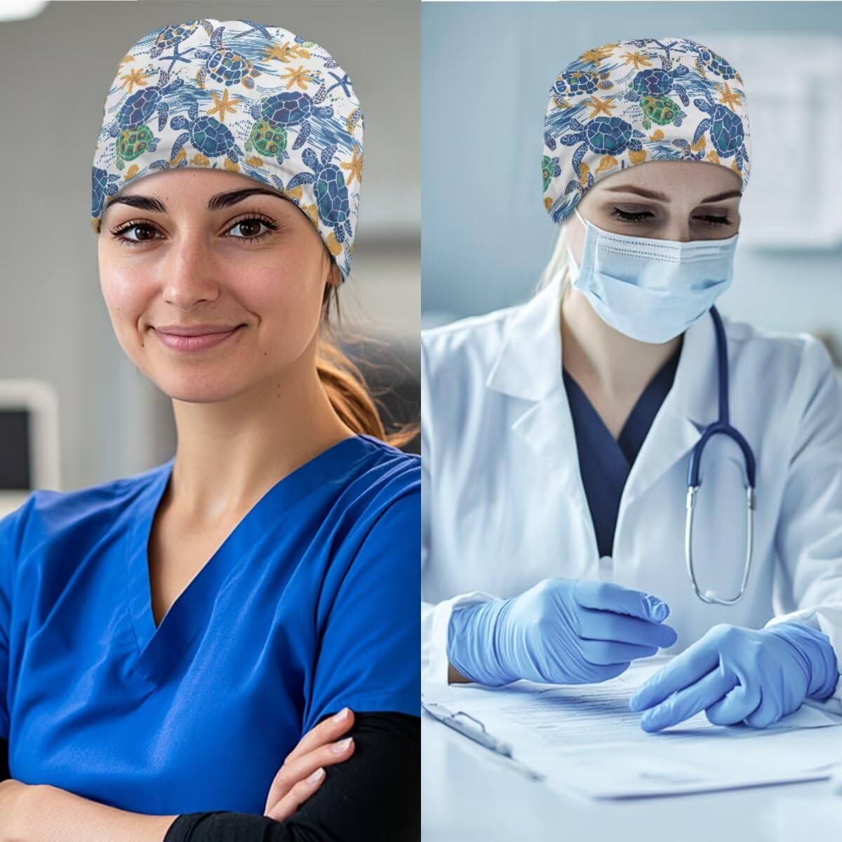 3Pcs Women's Scrubs Set with Scrub Pants Caps Cute Printed V Neck Tops Soft Casual Nurse Uniform With Pocket