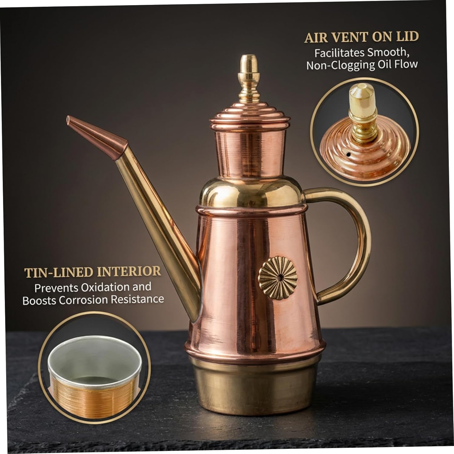 1PC Copper Oil Dispenser, 450ML Vintage Oil Dispenser with Tin Lining & Precision Spout for Kitchen, Italian Style.