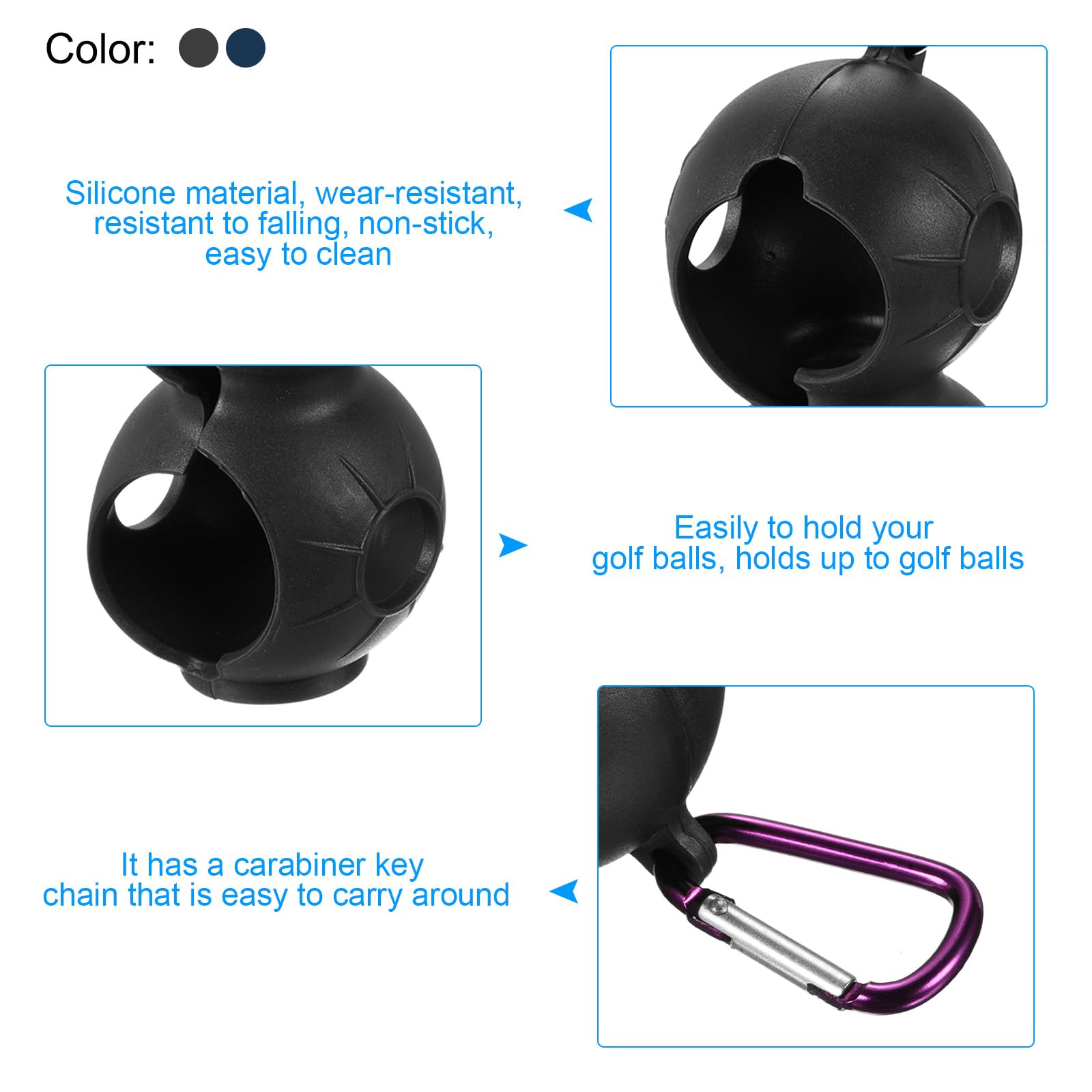 PATIKIL Golf Ball Holder, 4 Pack Silicone 2 Balls Carrier Protective Portable Sleeve with Buckle for Golf Bag Belt, Blue, Black - Image 3