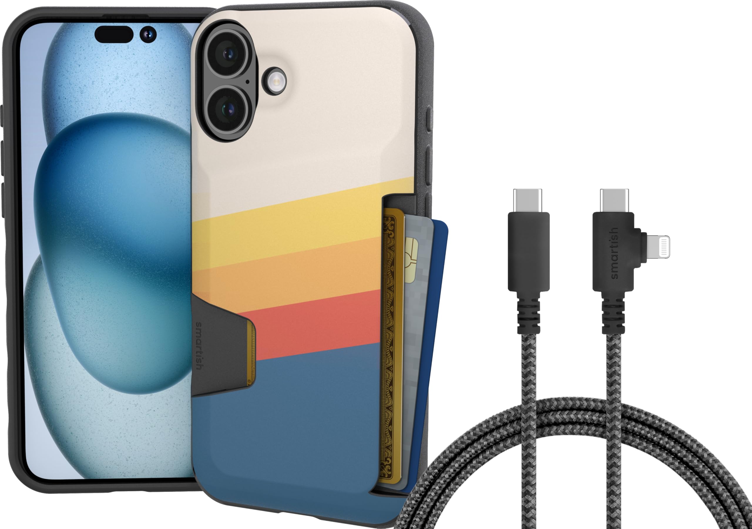 Smartish iPhone 16 Plus Wallet Case + USB C Lightning Cable Combo - 6 Foot Fabric Wrapped Fast Charging Cable + Hidden Card Slot Cover Compatible with Apple iPhone 16 Plus