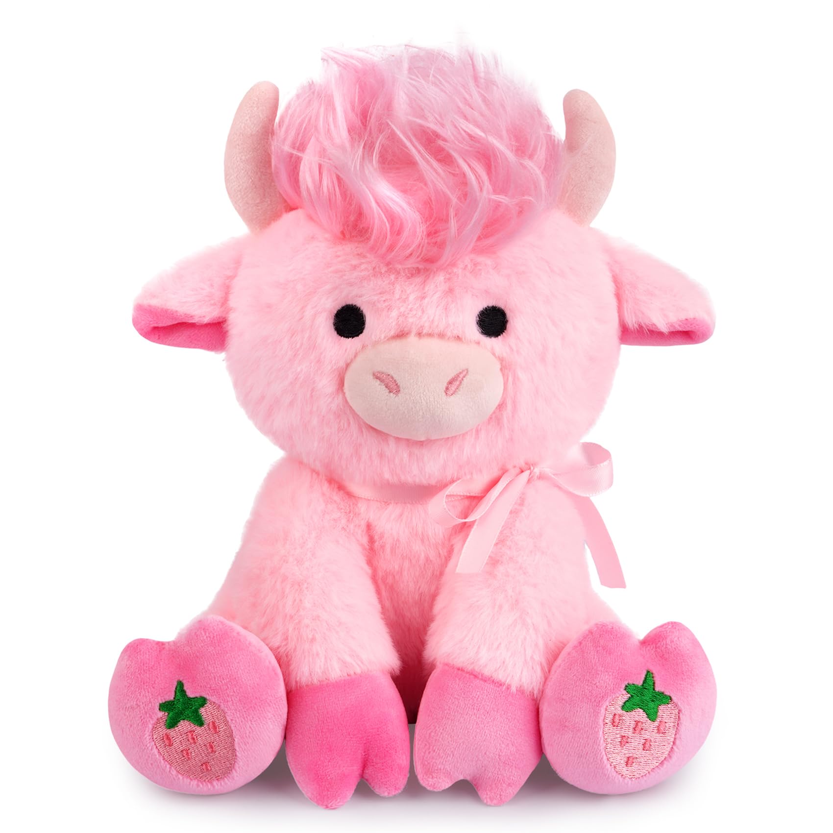 MUFEIRUO Strawberry Highland Cow, Pink Highland Cow Plush Toy, Cuddly Toy, Plush, Gifts for Children, Boys and Girls