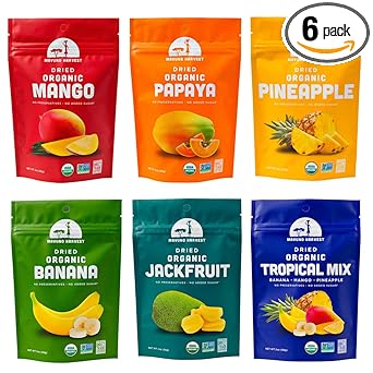Mavuno Harvest Organic Dried Fruit Variety Pack | Dried Mango, Papaya, Pineapple, Banana, Jackfruit, & Tropical Mix | Healthy, Vegan, No Sugar Added, Non GMO Snacks for Kids & Adults | 2 Ounce, 6 Pack