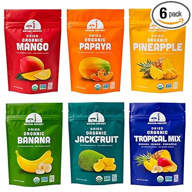 Mavuno Harvest Organic Dried Fruit Variety Pack | Dried Mango, Papaya, Pineapple, Banana, Jackfruit, & Tropical Mix | Healthy, Vegan, No Sugar Added, Non GMO Snacks for Kids & Adults | 2 Ounce, 6 Pack