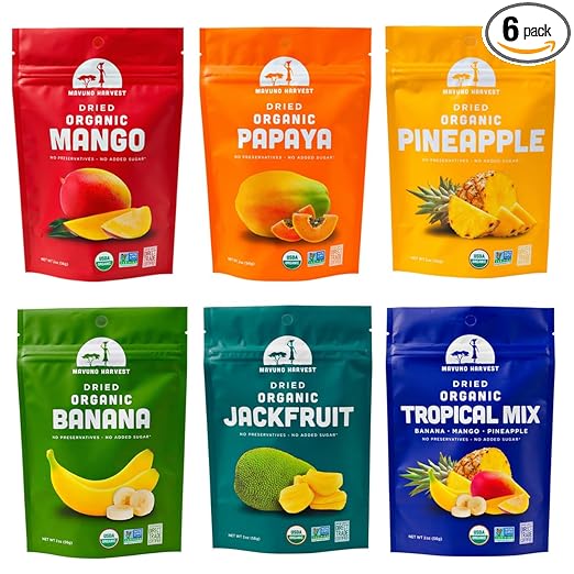 Mavuno Harvest Organic Dried Fruit Variety Pack | Dried Mango, Papaya, Pineapple, Banana, Jackfruit, & Tropical Mix | Healthy, Vegan, No Sugar Added, Non GMO Snacks for Kids & Adults | 2 Ounce, 6 Pack