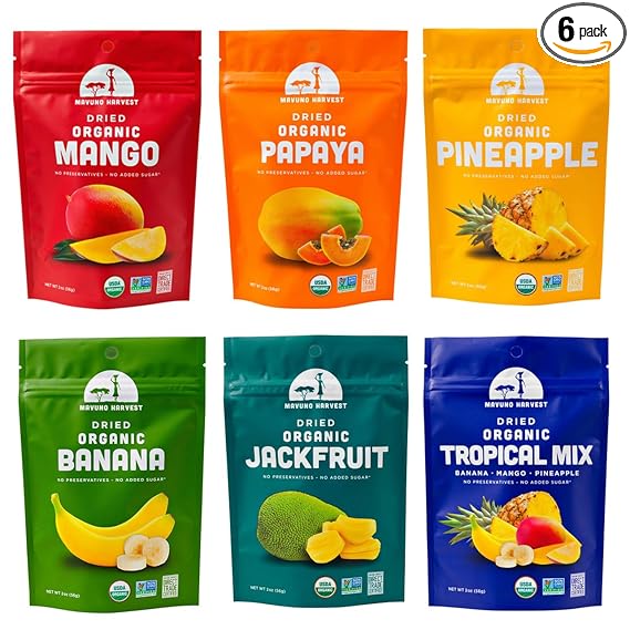 Mavuno Harvest Organic Dried Fruit Variety Pack | Dried Mango, Papaya, Pineapple, Banana, Jackfruit, & Tropical Mix | Healthy, Vegan, No Sugar Added, Non GMO Snacks for Kids & Adults | 2 Ounce, 6 Pack