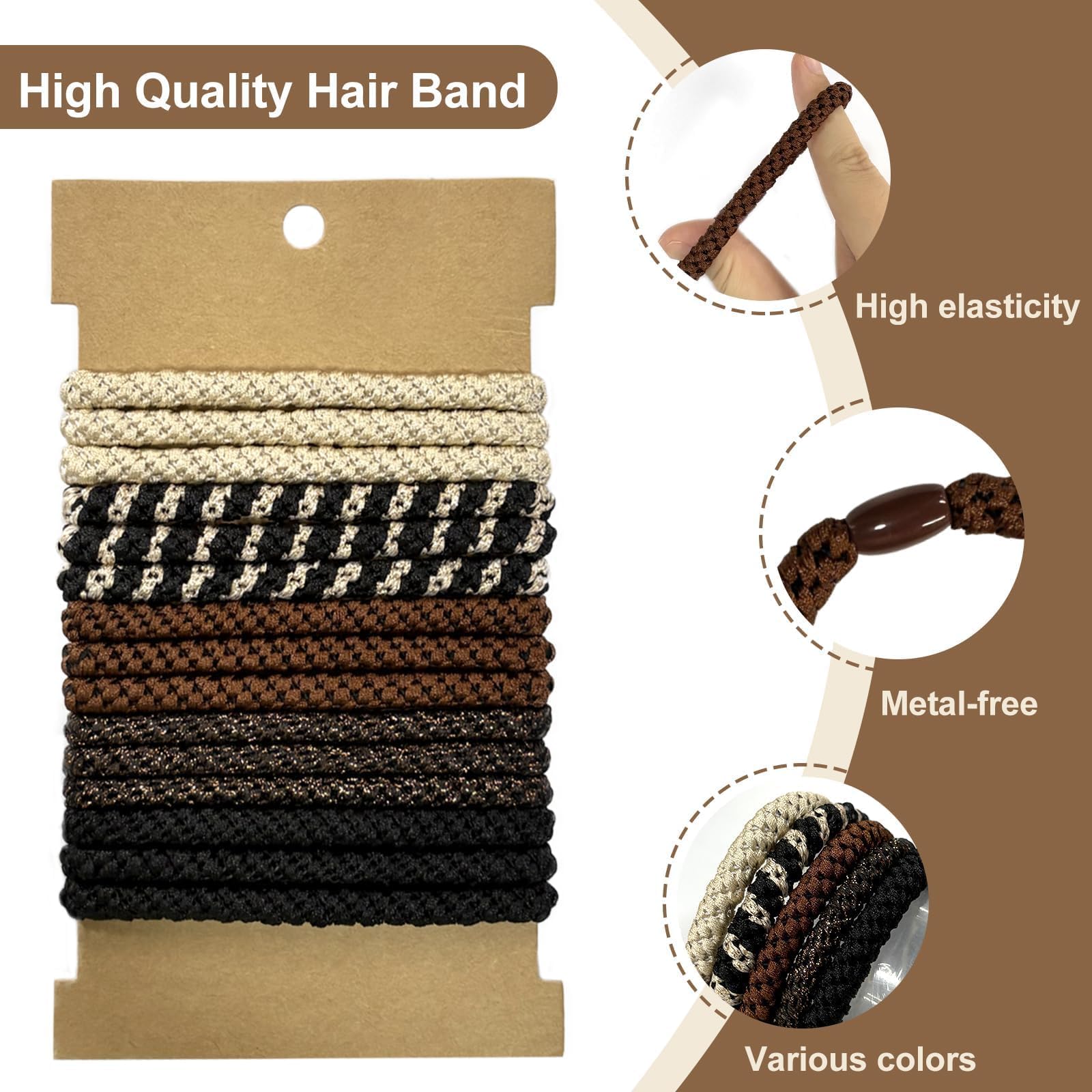 Sularpek 15 Pcs Brown and Black Hair Bobbles, Mixed Color Elastic Hair Ties for Women and Girls Thick No Damage Bands, Ponytail Holders - Image 3