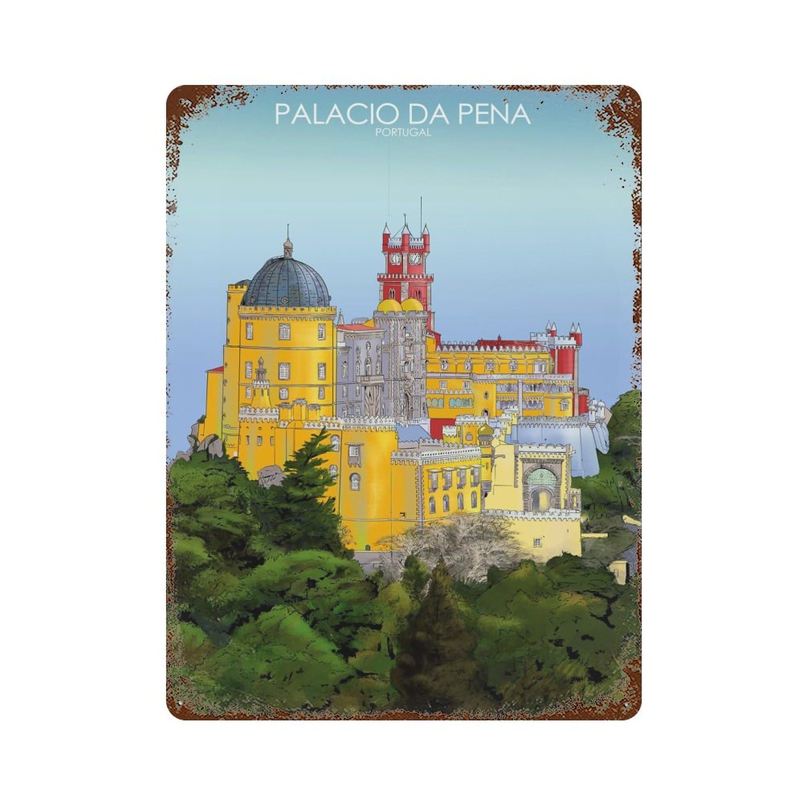 Palacio Da Pena Portugal 15.7"x11.8" Rusty Metal Tin Sign, Shabby Chic Decor for Bistro, Counter And Cafe Decor