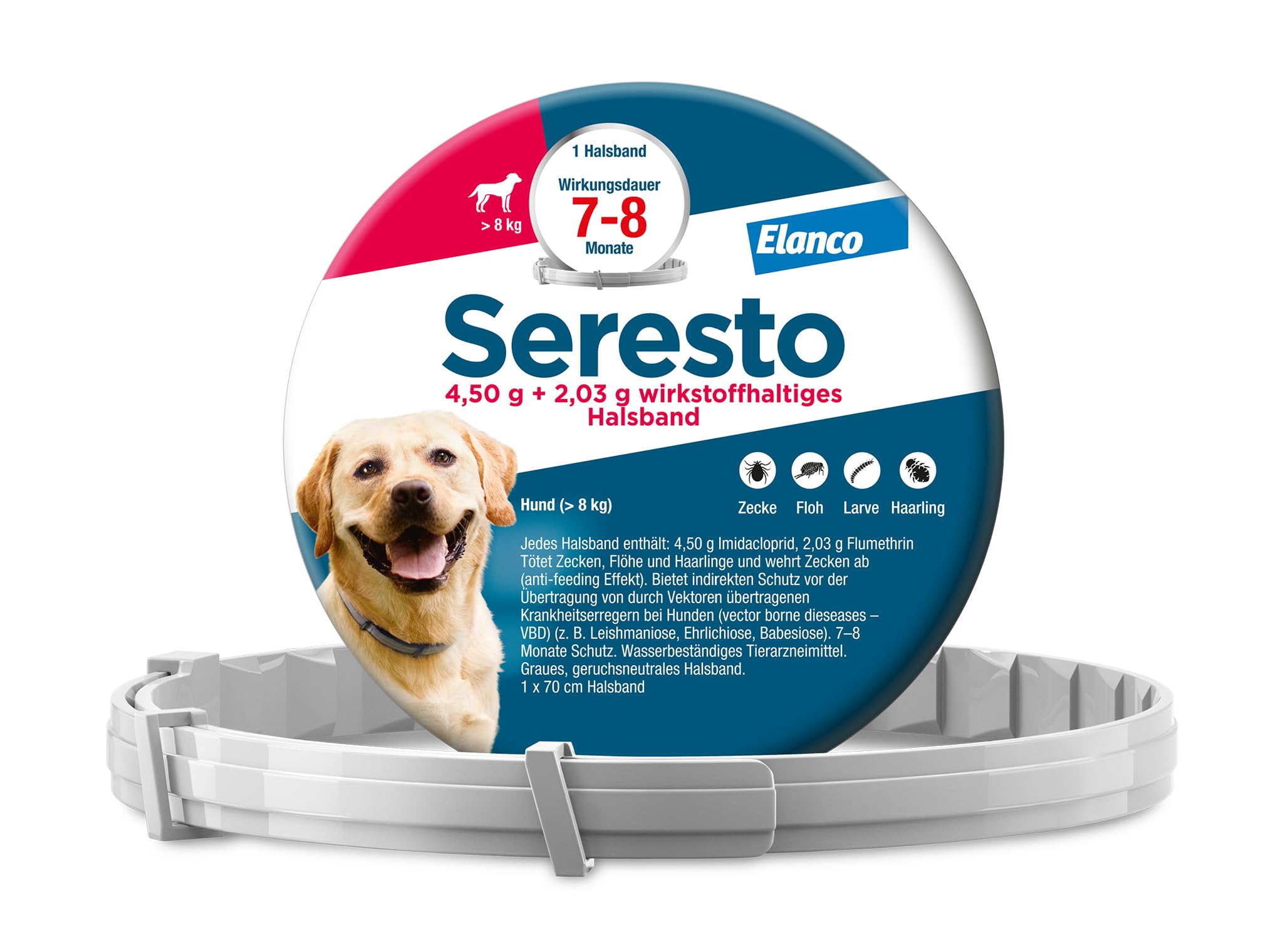Elanco Seresto Halsband fr groe Hunde ab 8 kg: 7 bis 8 Monate wirksamer  Schutz gegen Zecken und Flhe, Lnge 70 cm, 4,50 g + 2,03 g : Amazon.de:  Haustier